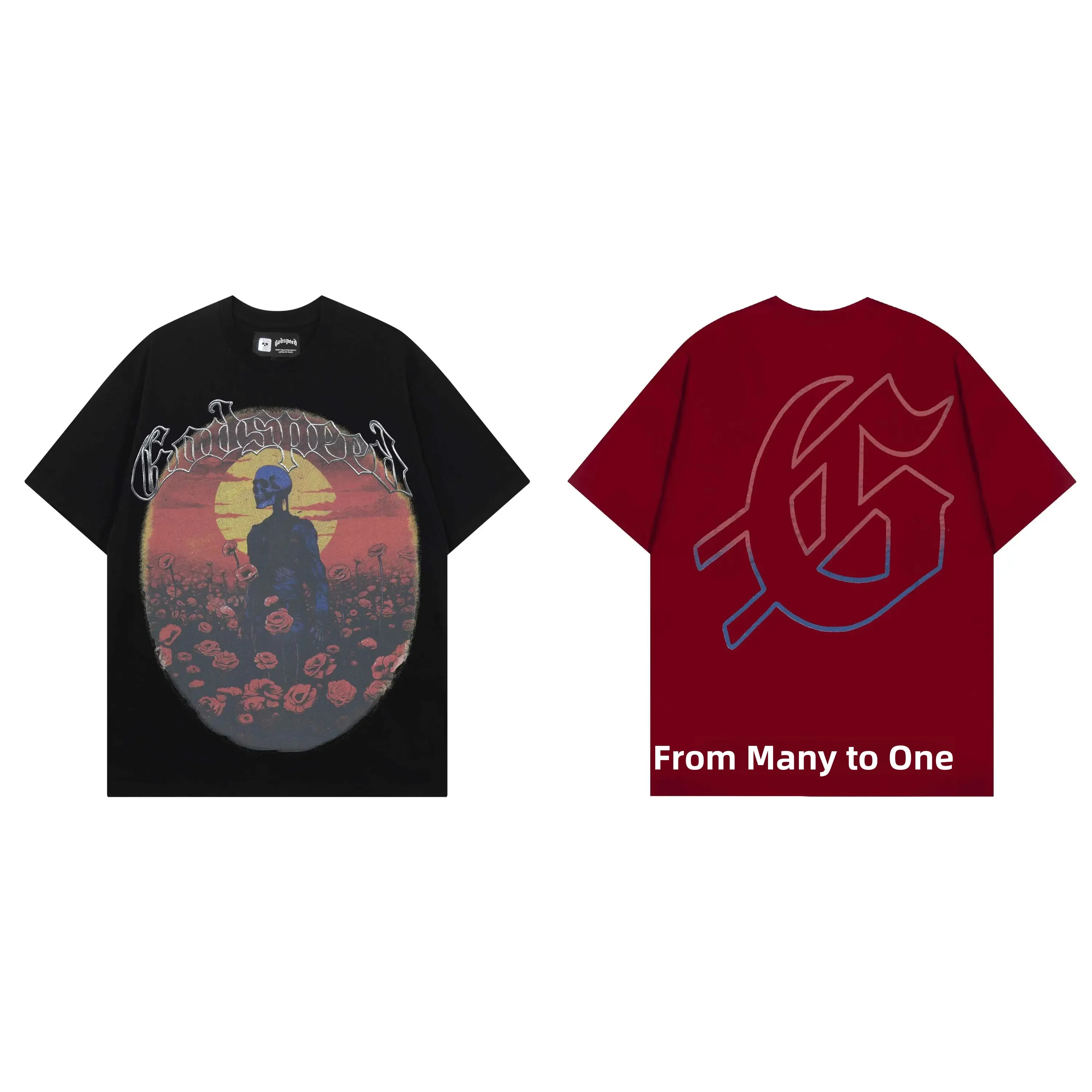 Godspeed Rose Skull Print High Street Hip Hop Rock Loose Double Weave Heavyweight Pure Cotton Short Sleeve T-Shirt