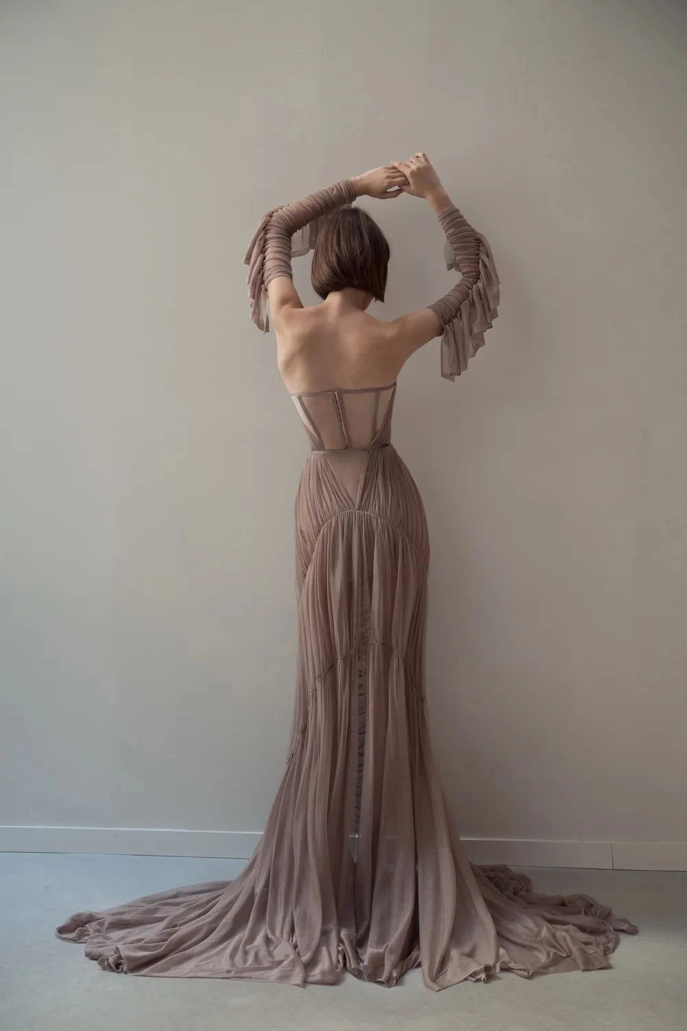 Unieke volledige geplooide jurk voorzien van verzamelde avond maxi-jurken met off-shoulder lange mouwen bruiloft feestjurk op maat Mad