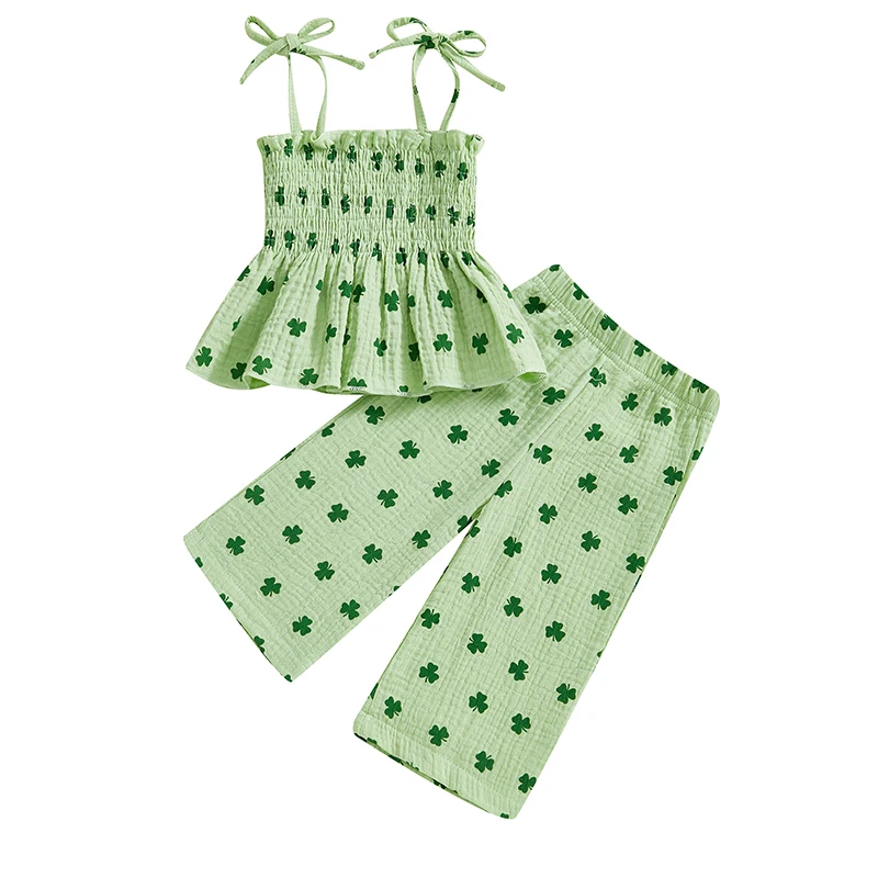 Baby Girl Lucky Clover Set Sleeveless Smocked Lacing Strap Camisole Elastic Waistband Pants 2-Pieces Spring Outfits