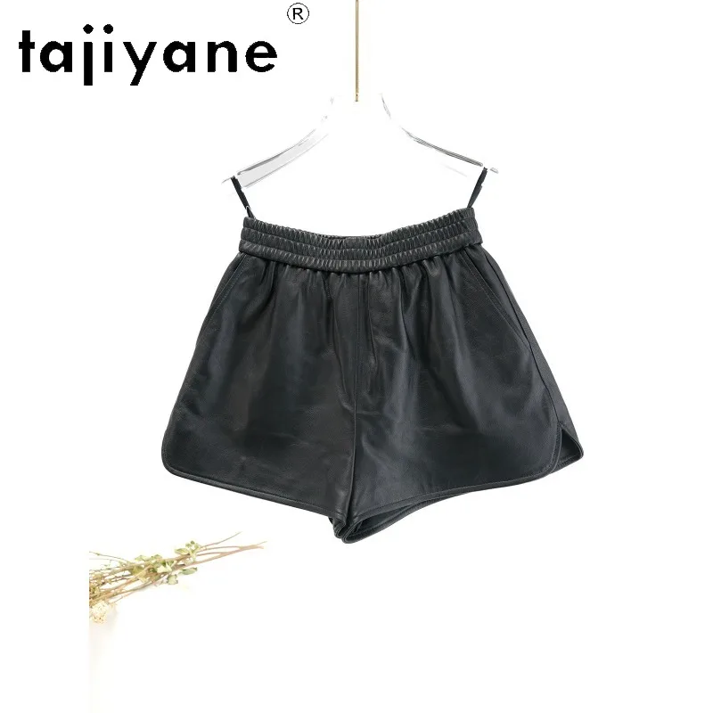 TAJIYANE 100% Sheepskin Genuine Leather Short Wide Leg Hot Shorts for Woman Mid High Waist Women's Shorts Chic Spring Autumn 반바지