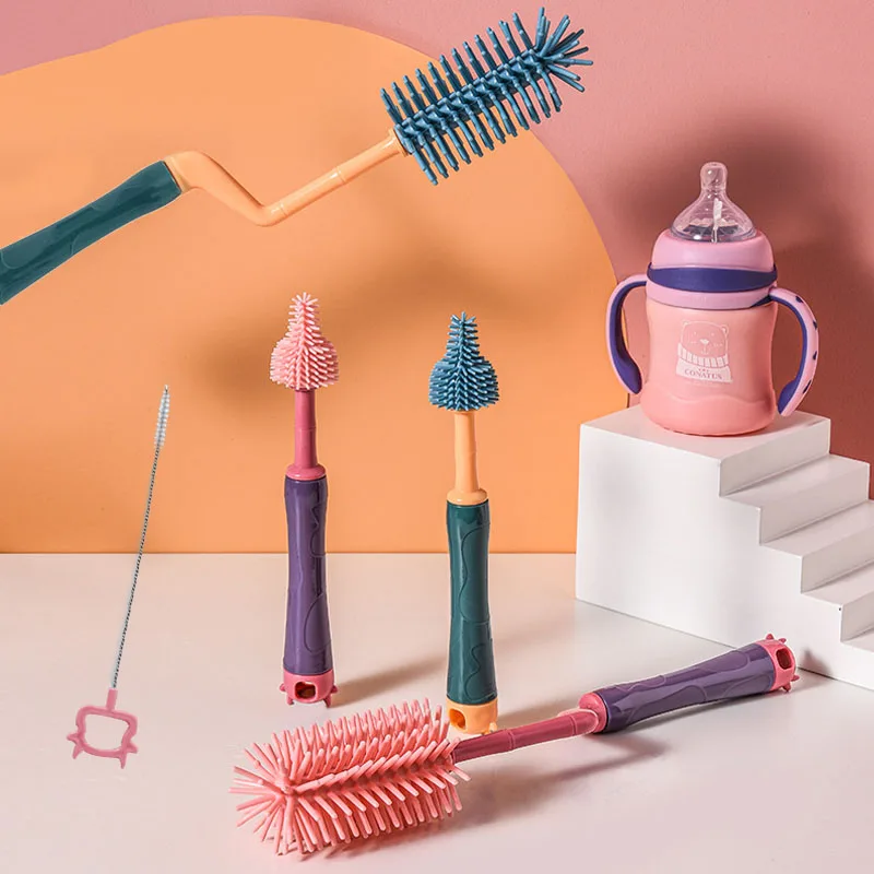 Brosse à biberon en Silicone, Rotation à 360 degrés, sucette pour bébé, pince à épiler, ensemble de brosses de nettoyage de mamelon, tête souple portative de qualité alimentaire