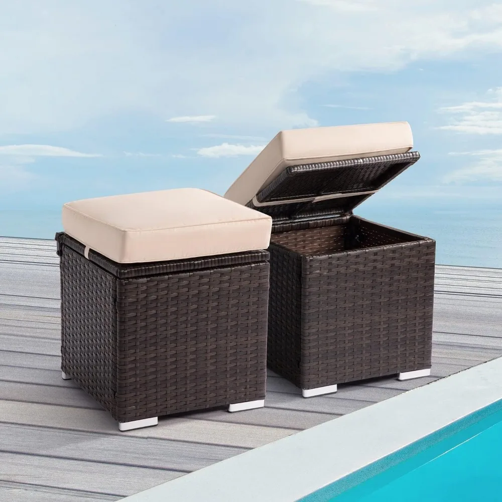 

Outdoor ottoman , rattan wicker ottoman outdoor foot rest seat furniture w/removeable extra thick cushion set of 2