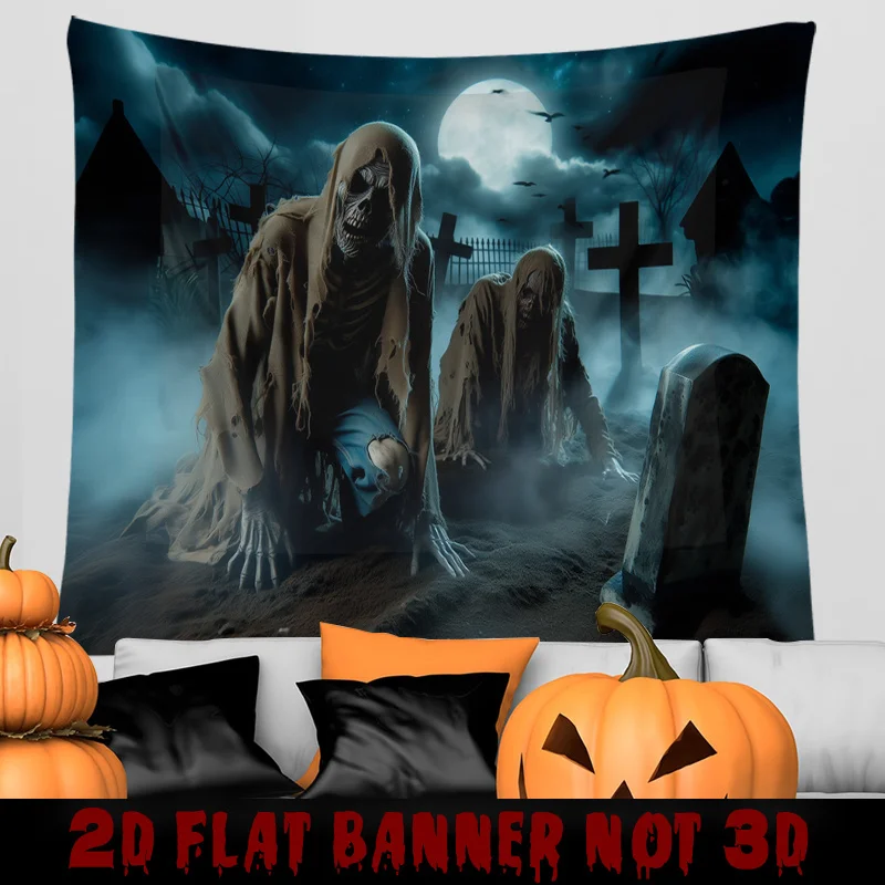 Zombie Graveyard Moon Tapestry - Horror Scene with Skulls, Bats, and Tombstones for Halloween Decoration