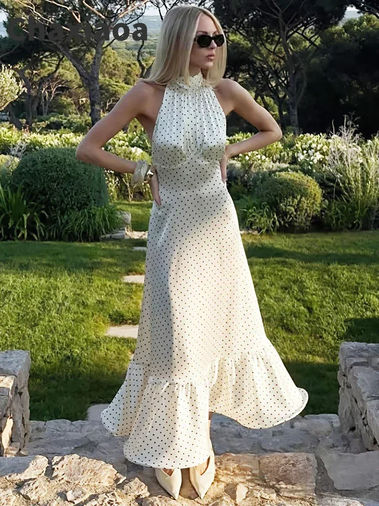 Chaxiaoa 폴카 도트 셔링 프릴 섹시한 미디 드레스 여성 가운 패션 홀터넥 민소매 백리스 하이 웨이스트 클럽 롱 드레스