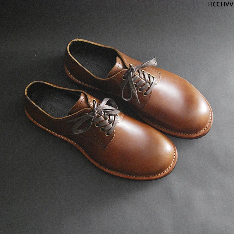 Leather Low Cut Casual Men\'s Shoes Goodyear-Welted Vintage Derby Shoes Craft Leather Midsole Round Head Tooling Red Shoes Jeans