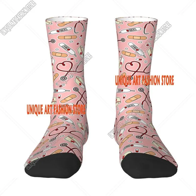 Calcetines de enfermera de dibujos animados rosas con estampado de moda para hombres y mujeres, calcetines elásticos de verano Otoño Invierno para enfermería médica