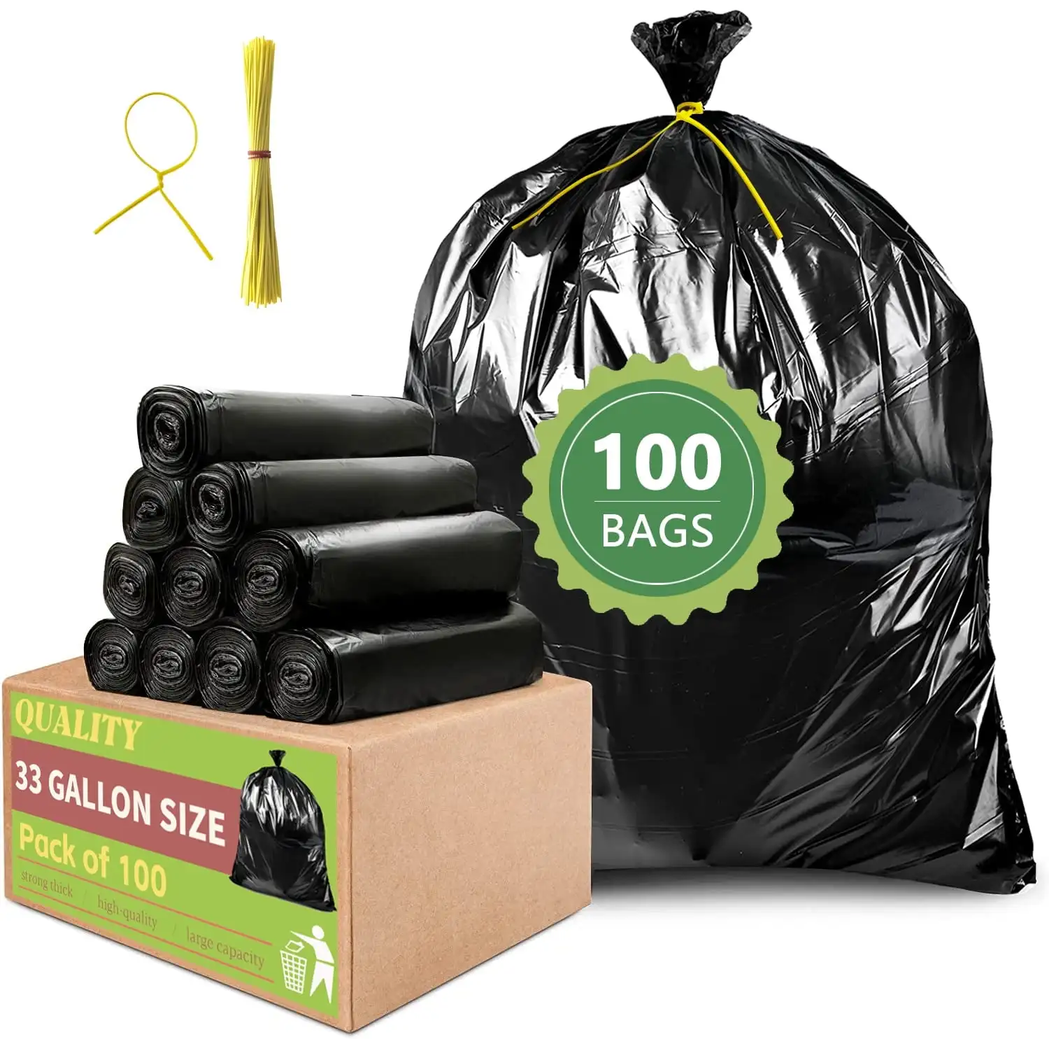 33 Gallon Trash Bags 100 Count, Garbage Bags 30-32 Gallon, High Density Bags with Tying Ropes Perfect garbage bag