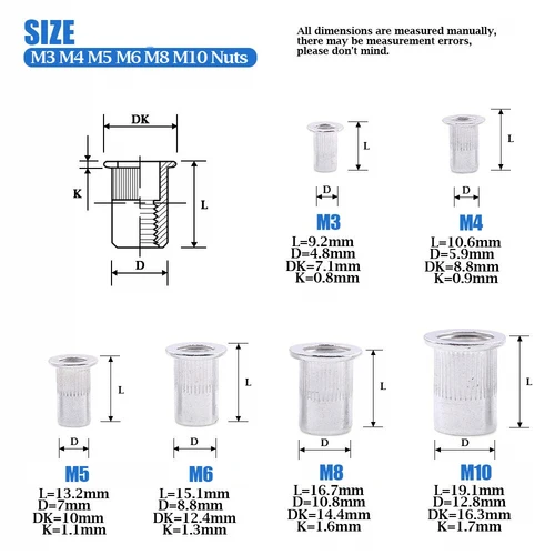 Imagen 2 del producto 100 Uds aleación de aluminio M3/M4/M5/M6/M8/M10 cabeza plana rosca métrica Rivetnut inserto Nutsert remache tuerca surtido Kit