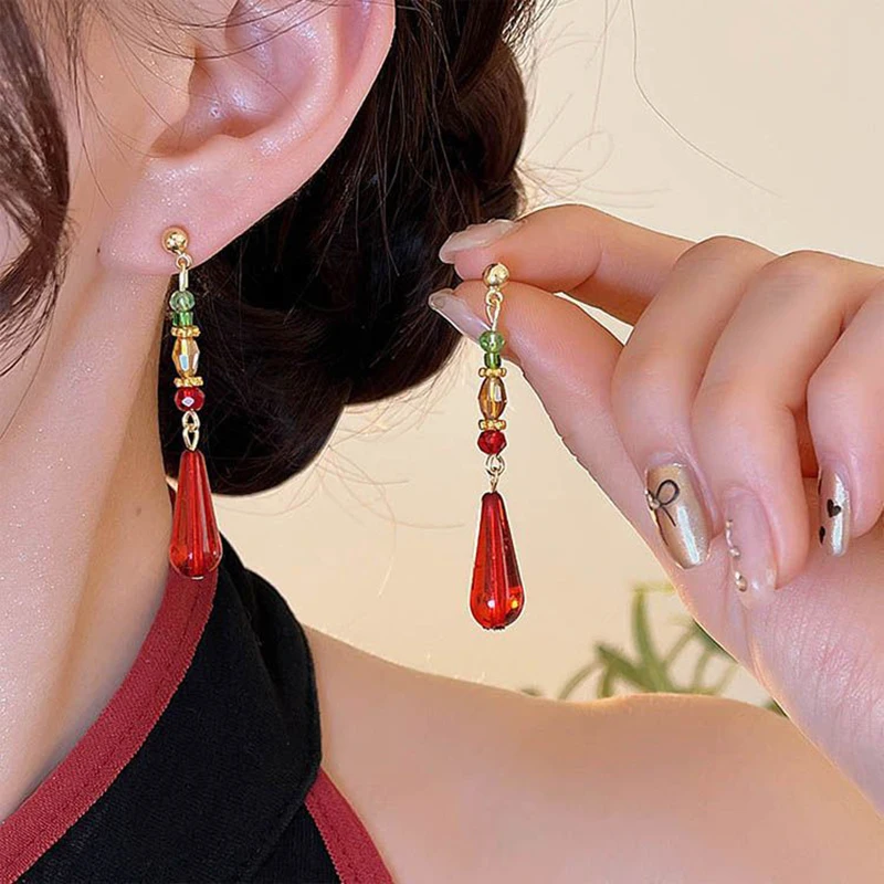 Chinese Classical Imitation Jade Waterdrop Clip on Earrings Non Piering for Women Hollowed Fan Dangle Earring Party Jewelry Gift