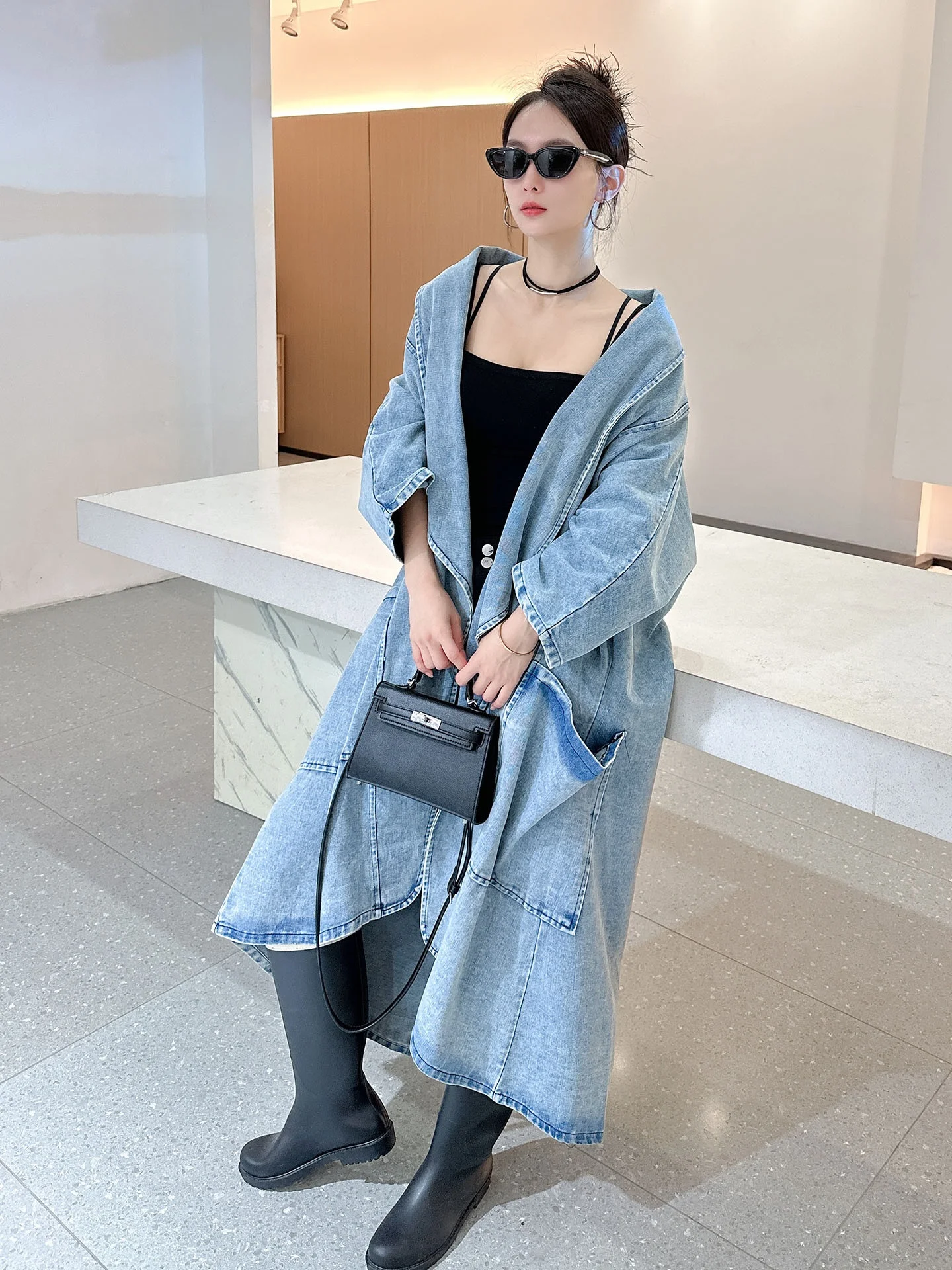 

Faionable Высококачественный джинсовый плащ длиной до колена, пальто Street Sle, свободная хлопковая длинная ветровка с застежкой на одной пуговице