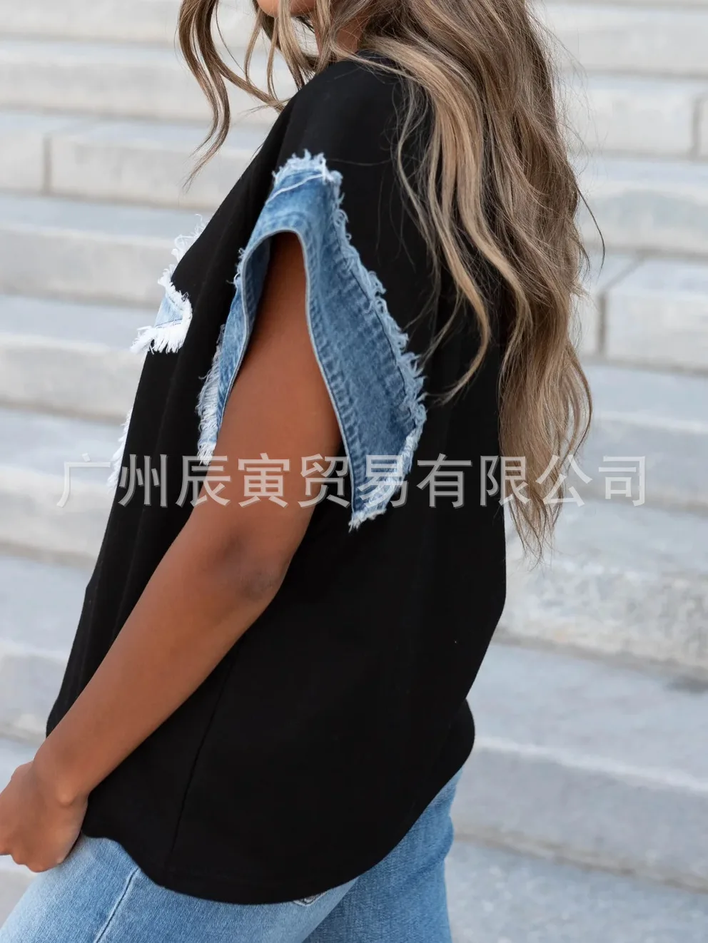

T Shirt Women Top Short Sleeves Round Collar 2025 Summer Streetwear Distressed Denim Pentagram Patch Tees Casual Female Tops
