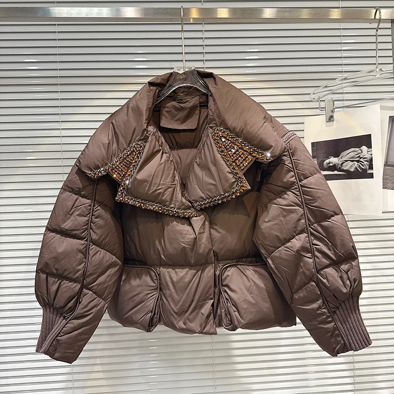 2025 Winter New Water Drop Diamond Nail Bead Flip Loose Warm Down Jacket for Women Personality Elegant Short Style Coat