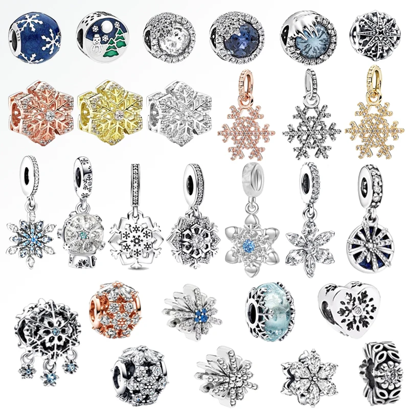 Sparkling Snowflake Series Rose Gold Dangle Blue Glass Charm Bead Fit Original European 925 Sterling Silver Bracelet DIY Jewelry