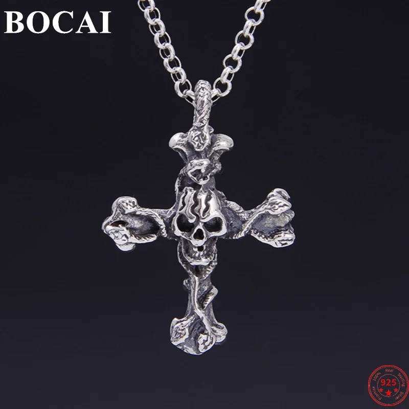 

BOCAI S925 Sterling Silver Pendants for Women Men New Fashion Entangled Eternal Vine Cross-Skull Amulet Jewelry Free Shipping