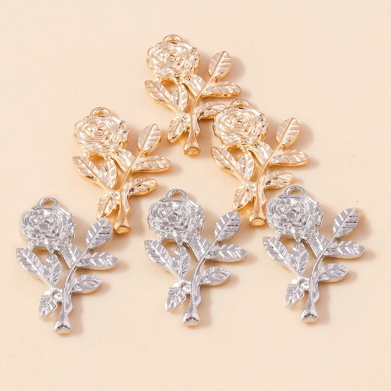 Leslie 10 Stück/Set Trendige Legierung Gold Silber Farbe Rosen-Blumen-Anhänger für Armbänder Halsketten DIY Handgemachtes Schmuckzubehör – Detail 2
