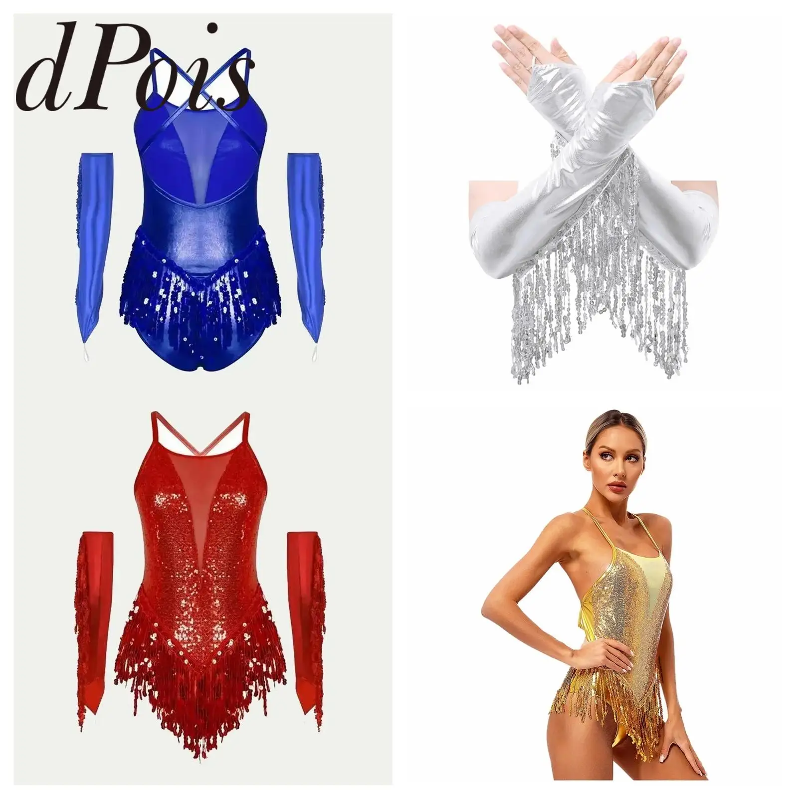 

Women Chacha Tango Tassel Latin Costume Jumpsuit Fringed Dance Leotard Performance Outfits Dancewear Sequins Metallic Gloves