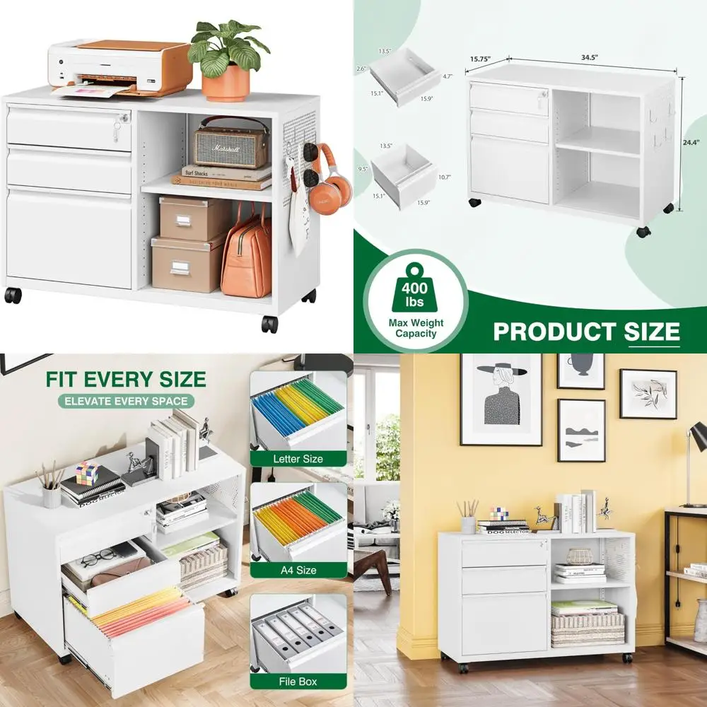 خزانة ملفات معدنية آمنة ذات 3 أدراج على عجلات، نظام حفظ الملفات الجانبي مع قفل، خزانة تخزين مع أرفف للمنزل والمكتب Orga