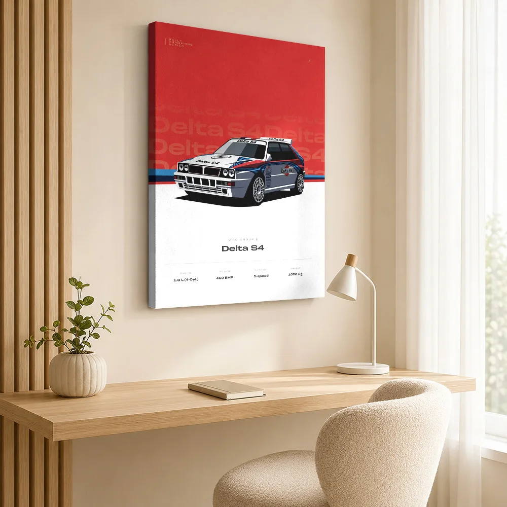 Italian Delta S4 White Rally Car Canvas Print Posters Retro Style Wall Art With Personalized Photo For Office Ideal Driver Gift