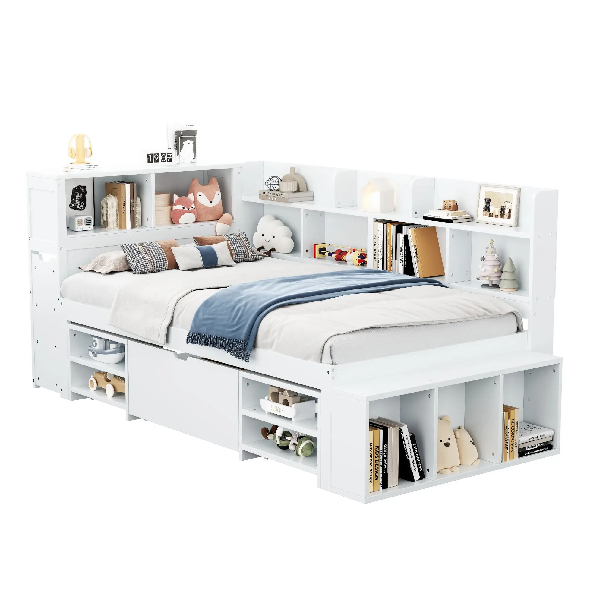 Enkel bed voor kinderen 90 × 200 cm, met lade, boekenkast en opbergvak DS--zonder matras, wit hout - afbeelding 2