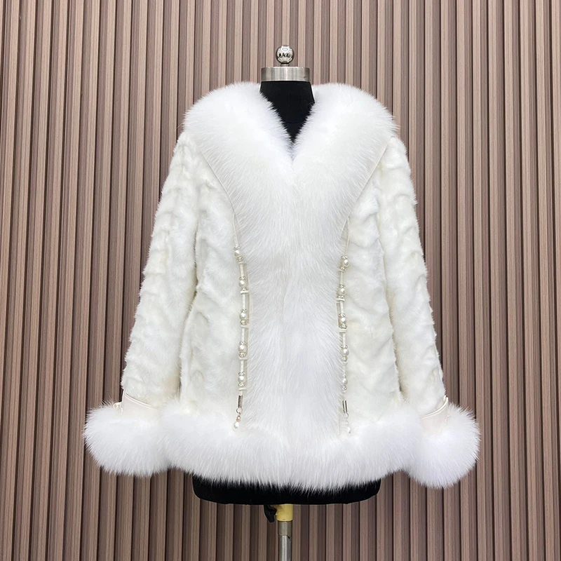 2024 Real Natural Mink Fur Outerwear New Autumn Winter Women Big Collar Coat High Quality Luxury Warm Middle Length Cardigan