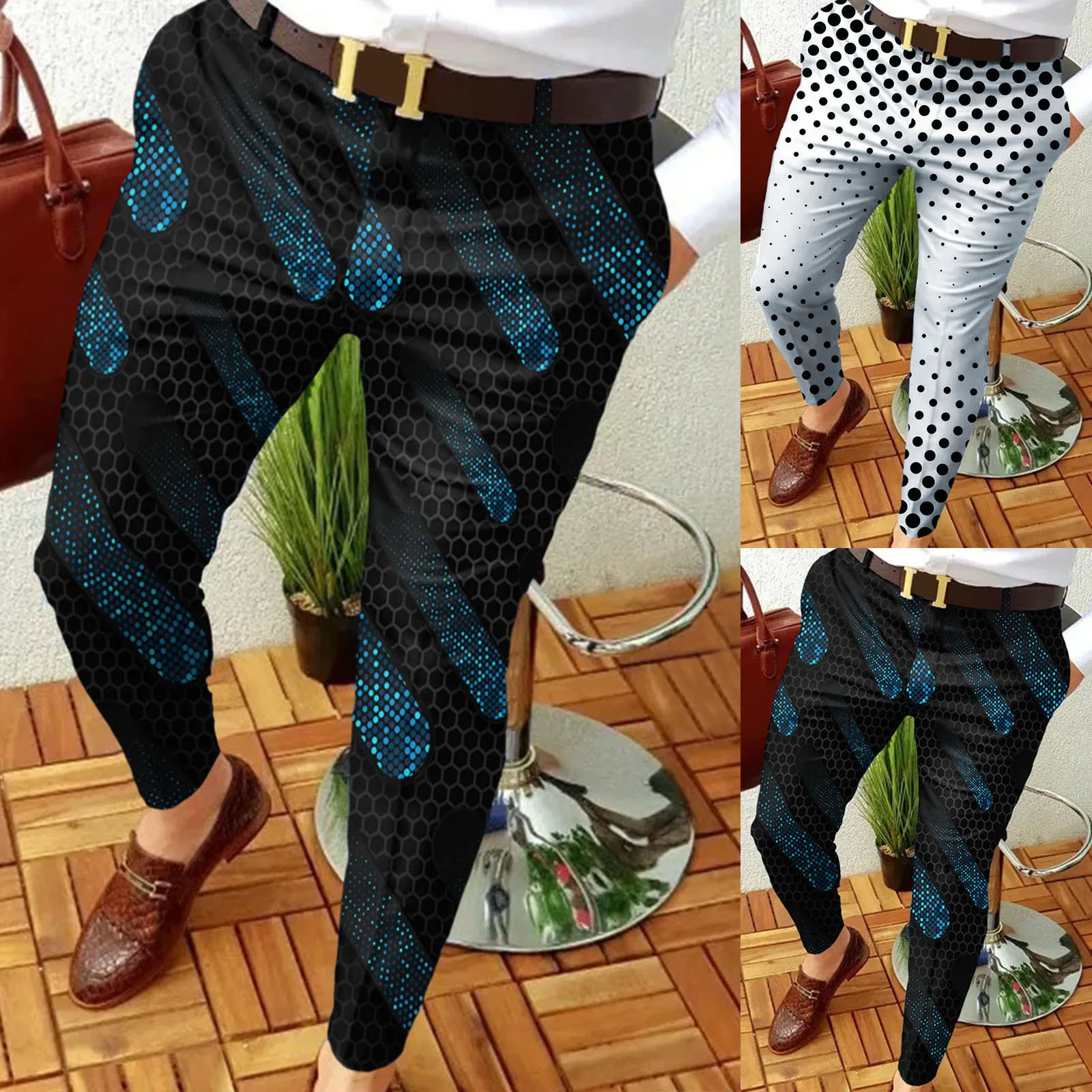 Men Slim Fit Print Zipper Button Trousers Suit Pants Male Casual Fashion Long Pants Star Boy