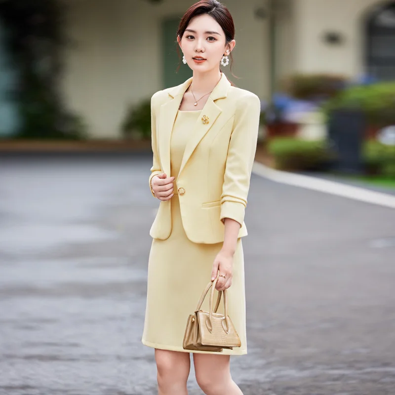 Formal Workwear Office Suit Women Long Sleeve Blazer + Slim Sleeveless Dress Set Elegant 2 Piece Set High Quality Solid Jacket