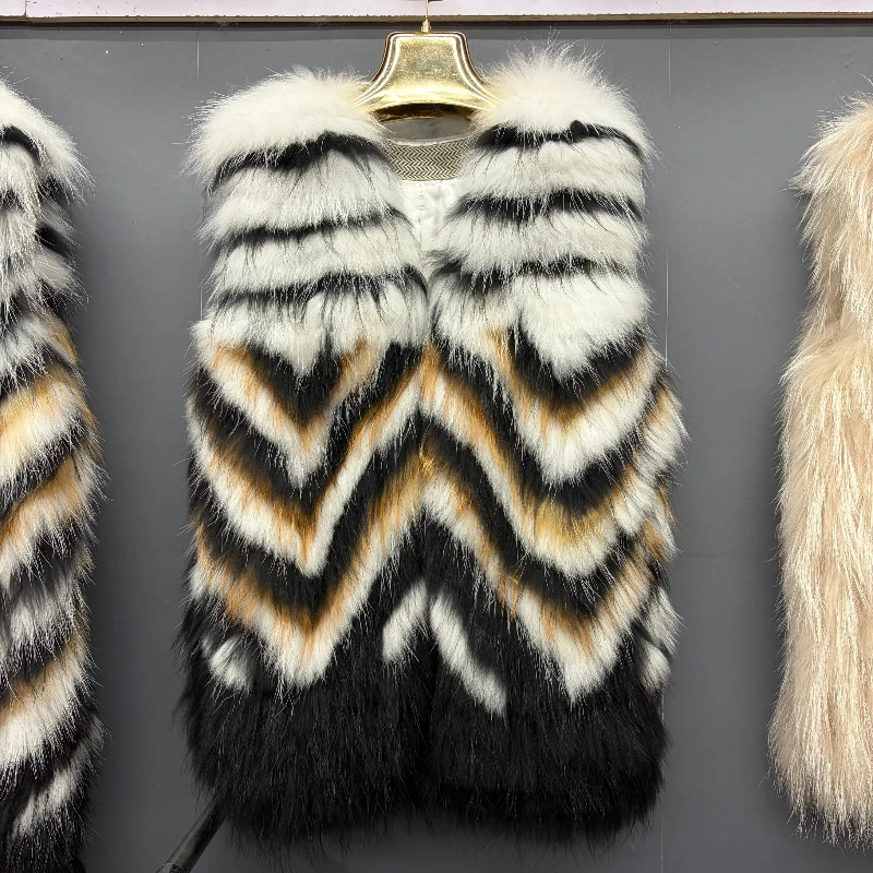 Women Real Fox & Raccoon Fur Vest Sleeveless Chevron Striped Genuine Fur Gilet Luxury Real Fur Waistcoat Winter Outerwear