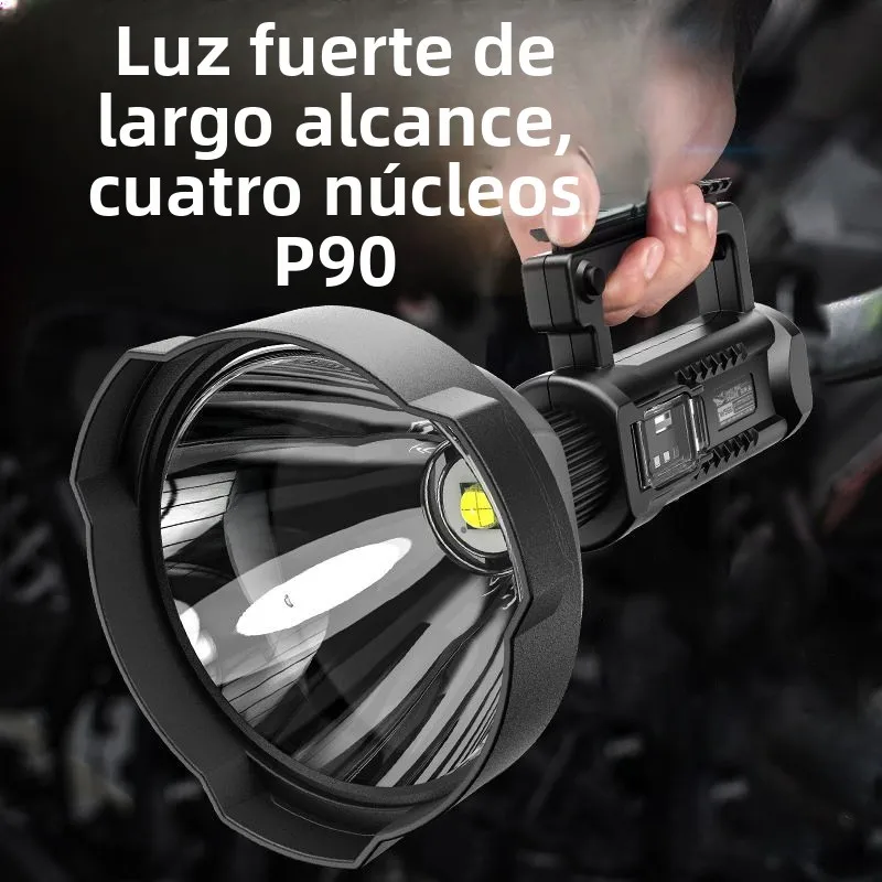Linterna LED de Largo Alcance Smiling Shark, Ultra Brillante, Alta Intensidad, Cuatro Núcleos P90 con Soporte, Iluminación pa...