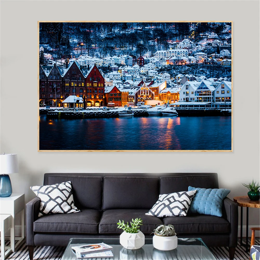 Bergen Canvas Painting Bergen Snow Mountain Posters Prints Wall Art Norway Landscape Picture for Living Room Decor Cuadros