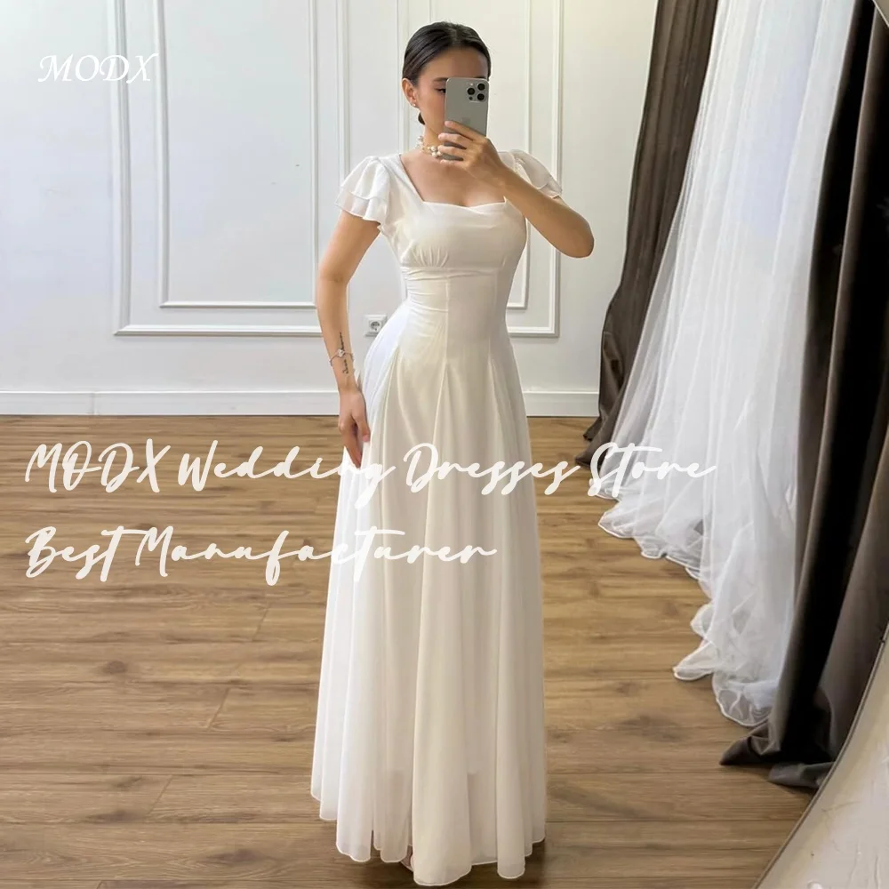 MODX Elegant Ivory Wedding Dress Square Neck Flutter Sleeve Pleated A-Line Silhouette Chiffon Floor Length Bridal Party Gown
