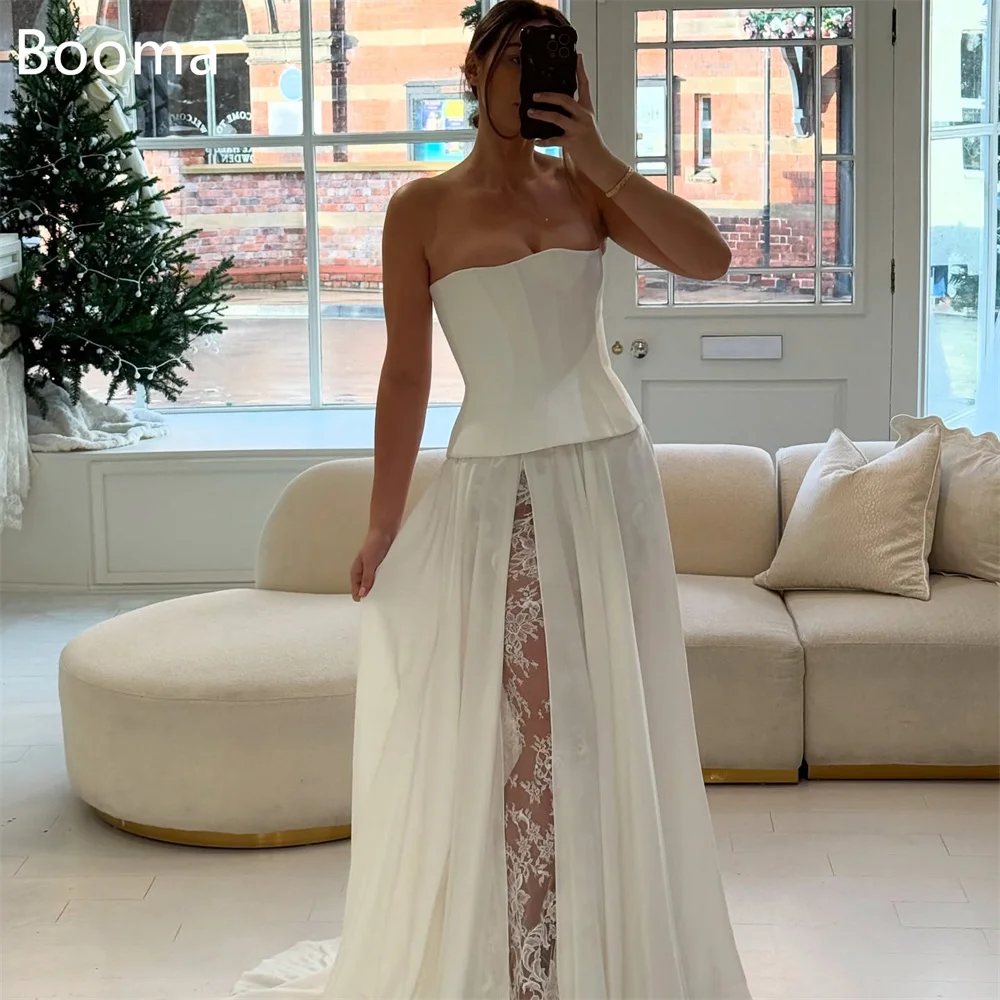 

Booma A-Line Strapless Side Split Elegant Lace Wedding Dresses Simple Satin Sleeveless Pleat Brides Gown Custom Made 2025