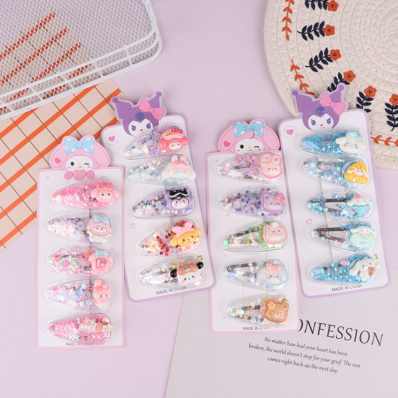 5Pcs Sanrio Kuromi Girls Hairpins Kawaii Cinnamoroll Baby Hairclip Melody Princess Flowing Sand Hair Barrette Sanrio Accessories