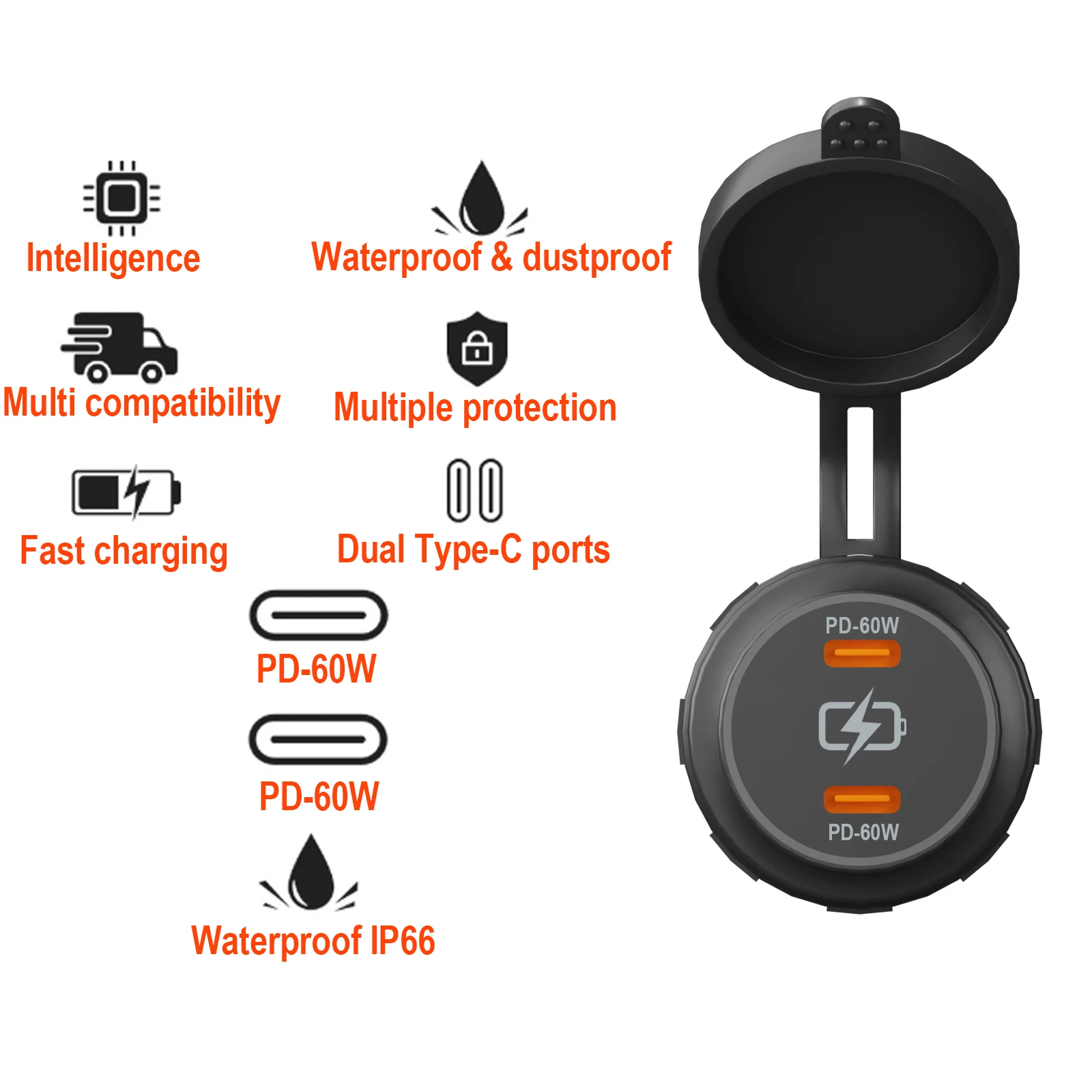 PD 60W Dual Type-C Charger Socket Waterproof 12V/24V Power Adapter Charger Fast Phone Charging for Car Boat Golf Cart Motorbike