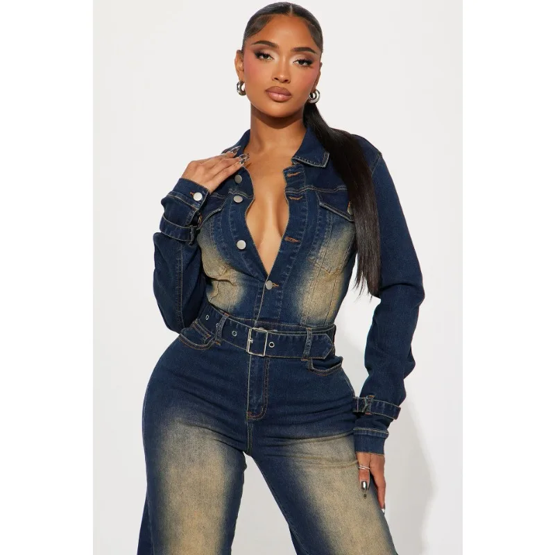 Fairy Women's Spring Autumn Jumpsuit Pants Flared Denim Long Sleeve New Button Waistband Simple Loose Harajuku Hundred Versatile