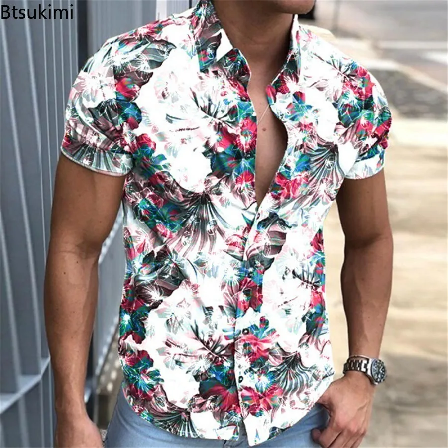 Summer Hawaiian Shirts for Men Vintage 3d Printed Stripe Short Sleeve Shirts Streetwear Sexy Men Clothing Beach Vacation Blouses