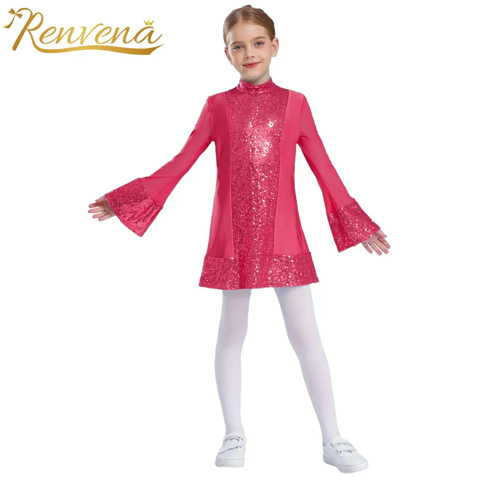 Kids Girls Glittery Sequins Jazz Dance Dresses Shiny Dress for Dancing Disco Party Stage Performance Costume Stage Dancewear