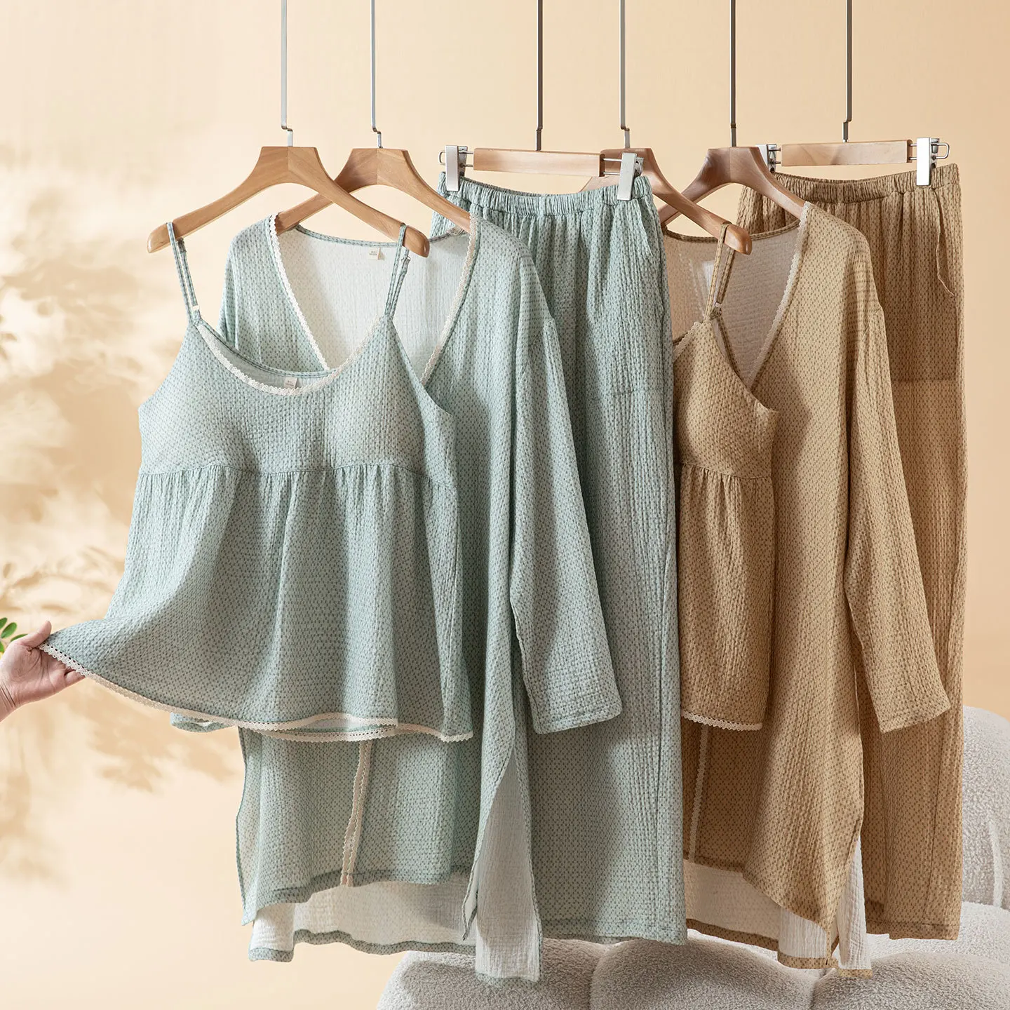 Summer Women's Pajama Set Cotton Three piece Set Bathrobe Sling Pants Crepe Home Clothes Sleepwear
