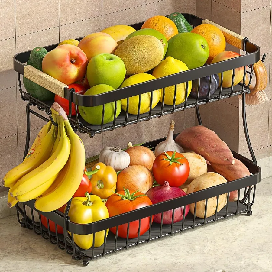 Cesta de frutas de 2 niveles para encimera de cocina con 2 colgadores de plátano móviles, frutero de Metal desmontable 2025 Pro con mango de madera Fr