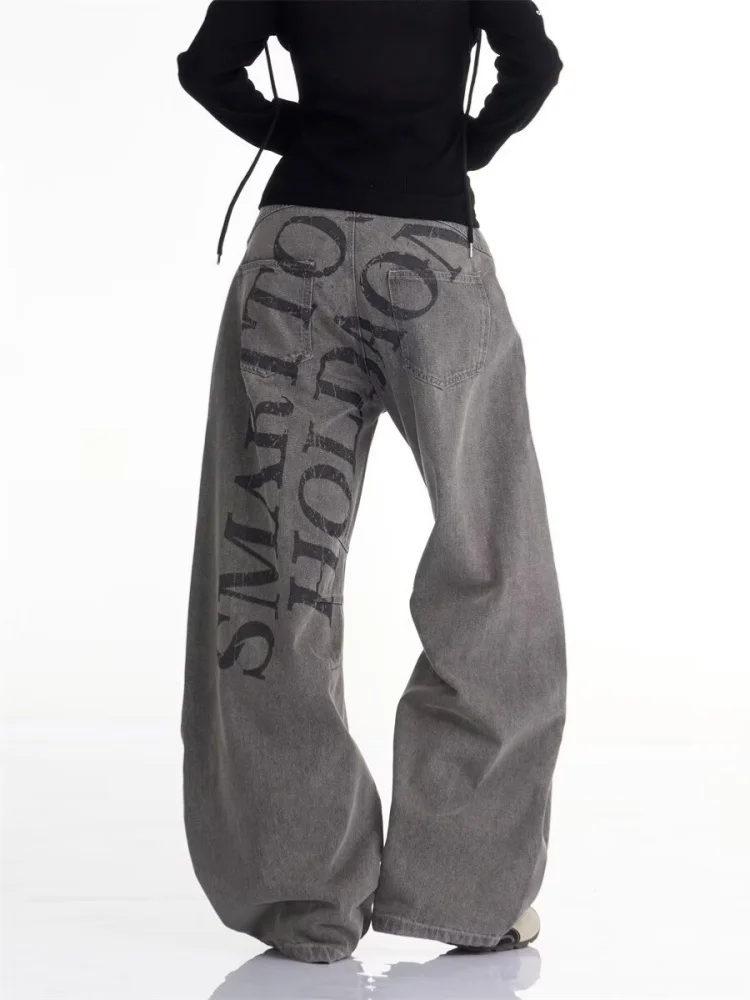 2025 Cyber Y2K Fashion Letter Printed Vintage Grey Baggy Pleated Women's Jeans Pants For Woman Clothing Straight Cotton Trousers