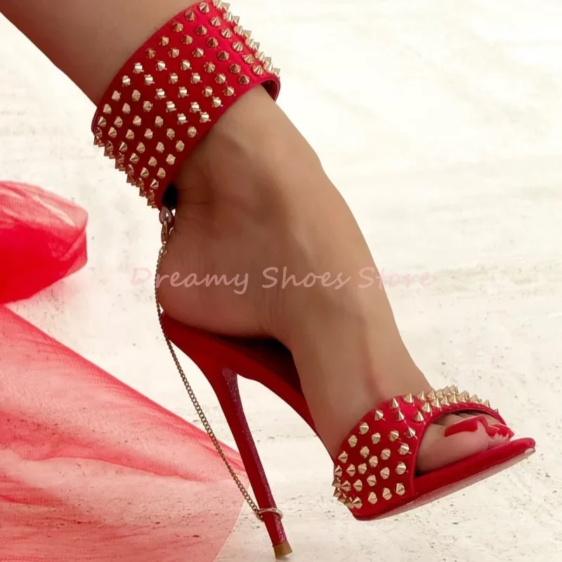

Red Rivet Metal Chain Pointed Toe Stiletto Sandals Women Open Toe Hollow Slingback High Heels Sexy Hot Chick Party Banquet Shoes