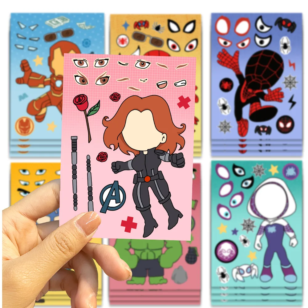 8 Sheets Disney Marvel Spiderman Iron Man Stickers Make a Face Game Sticker Kids Girl DIY Notebook Children Assemble Jigsaw Toys