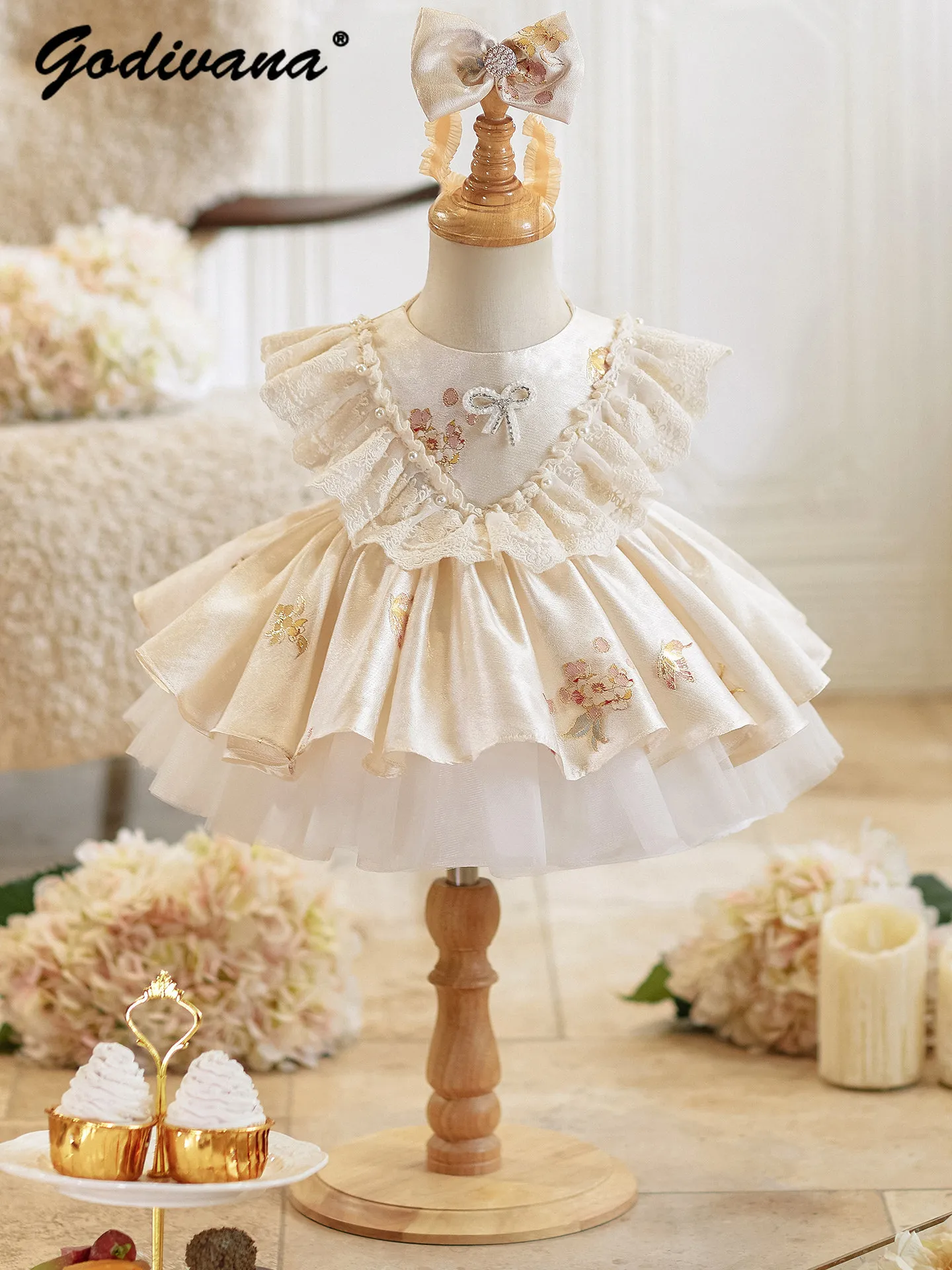 Sweet Baby Girl High End Heavy Floral Embroidery Lace Trim Princess Dress Toddlers Summer Birthday Party Performance Ball Gown