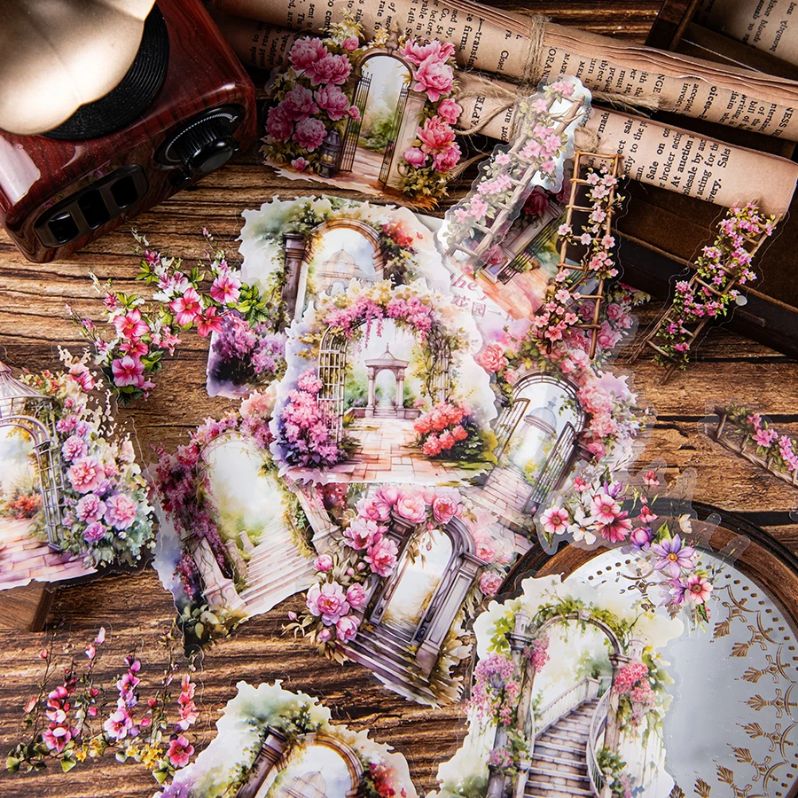 Juego de 3 pegatinas retro para escenas de jardín, colores mezclados, superficie brillante, utilizado para cajas de regalo de accesorios