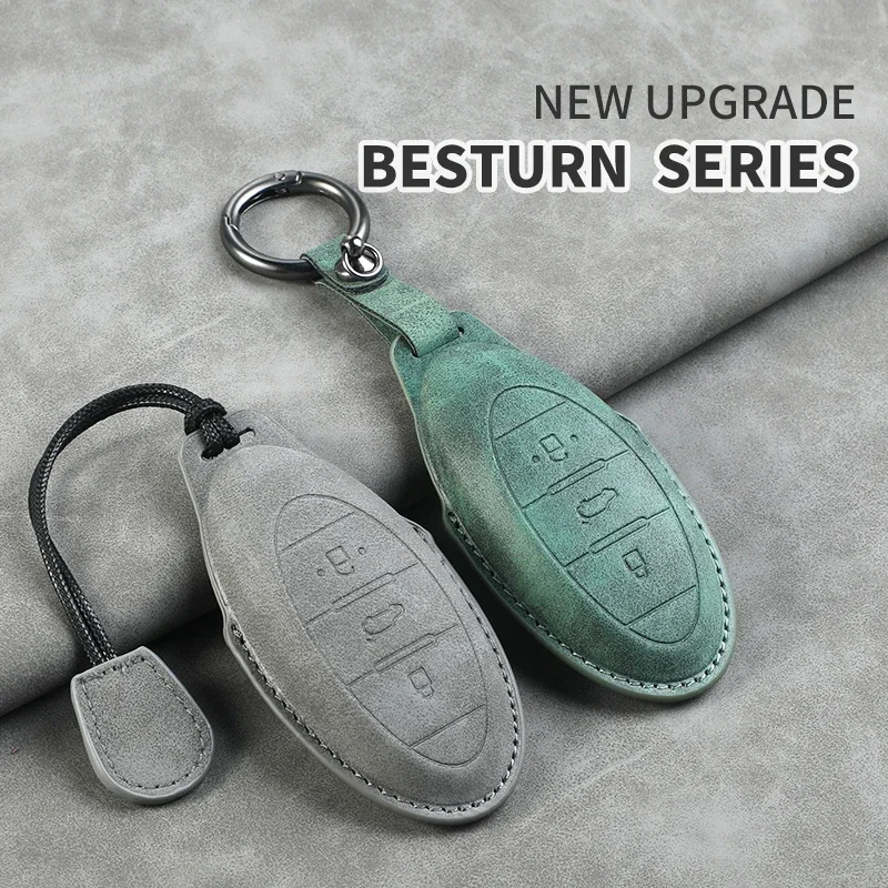 

Leather Car Key Case Keychain For FAW Besturn X80 2018 2019 2020 2021 3 Buttons Smart Keyless Remote Control Fob Protector Cover