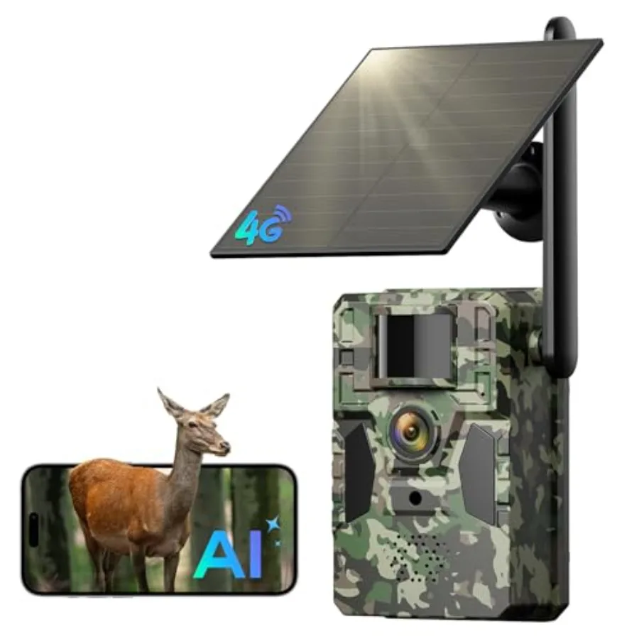 

Trail camera for wildlife monitoring, ABS plastic body, black color, 4G LTE with unlimited data plan, AI animal detection, 2K l
