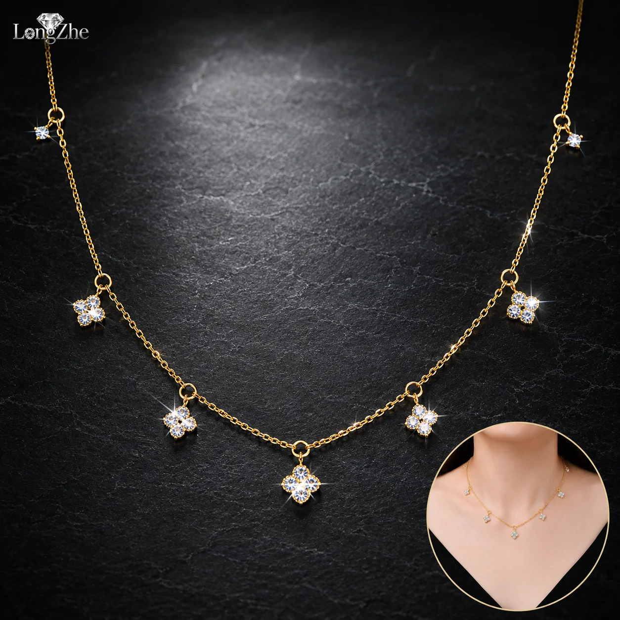 

LongZhe S925 Silver Moissanite Clover Necklace 0.66CT 2mm 22Pcs D Color GRA Diamond Tester Passed Women Gift Jewelry