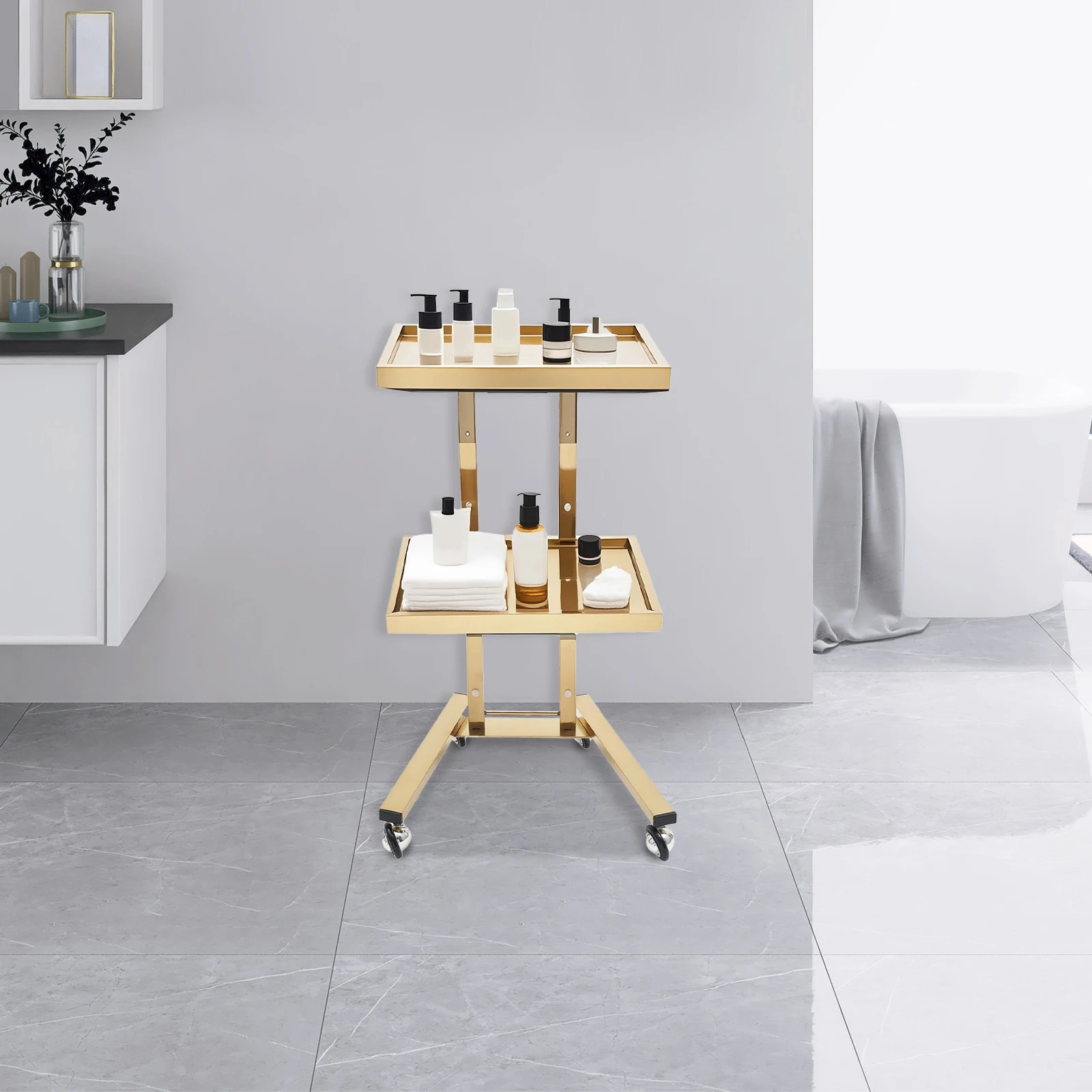 Salon Trolley, Beauty Cart, Rolling Organizer, Gold Stainless Steel Salon Trolley for Hairdressing, Spa, Durable Storage Rack