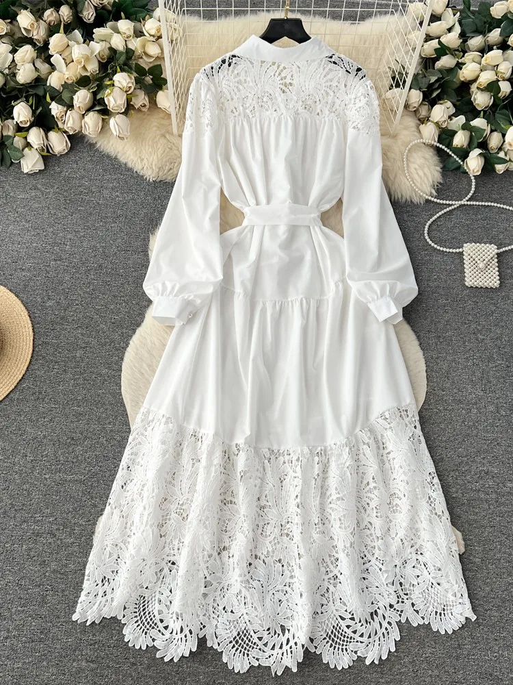 Fashion Vintage White Party Dress Women Hollow Out Dress Female Lace Patchwork Long Dress Elegant Palace Attire Vestidos Rober