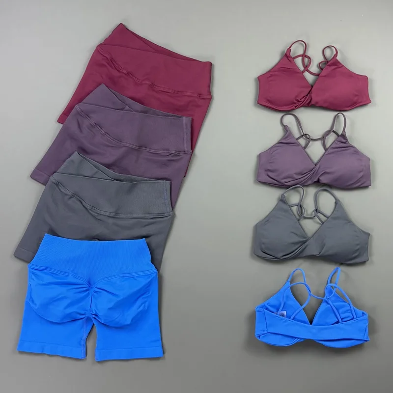 Sexy Women Clothing Crossover Waist Vision Shorts Set Seamless Vision Bra Tummy Control Gym Shorts Sets Yoga Workout Sportswear