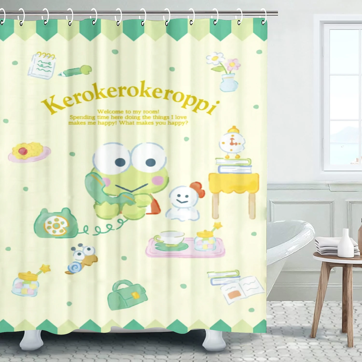 

KEROPPI Cartoon Shower Curtain Cute Big Eyed Frog Screen Bath Toilet Accessories Children Anime Funny Cute Accessory Hook